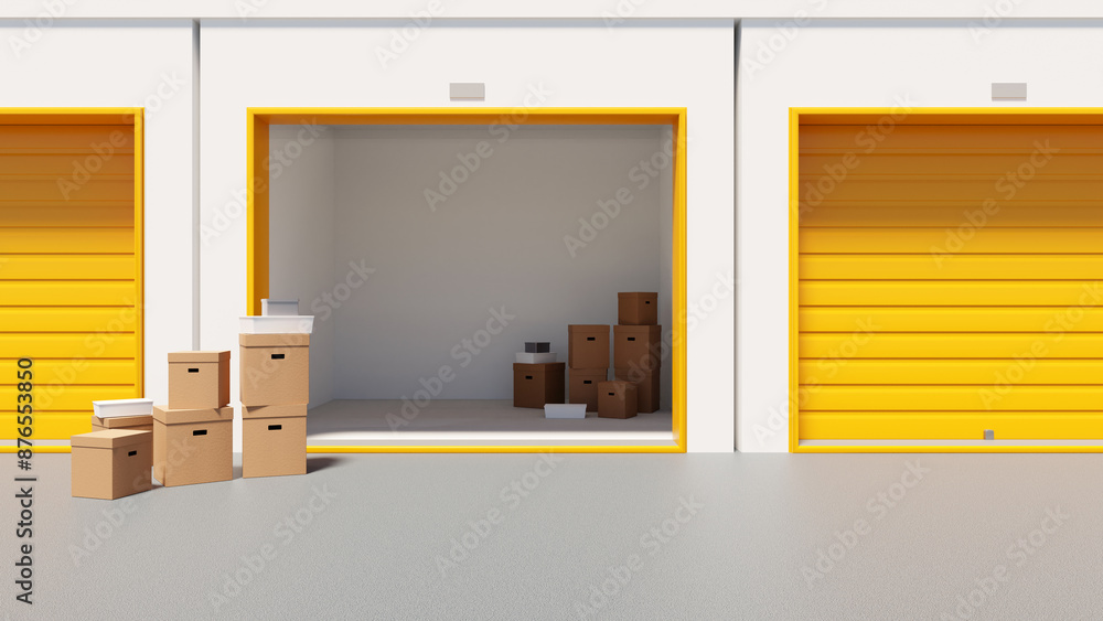 Poster storage warehouse rooms with safekeeping boxes. self storage space. storehouse with open gate. sever