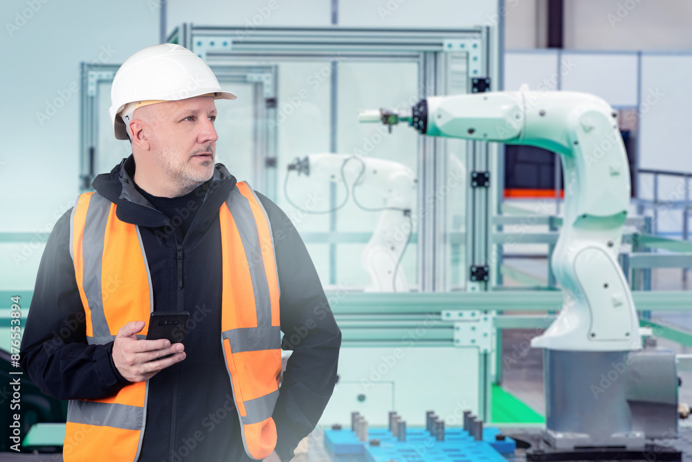 Poster automation industry. man factory engineer. arm manipulator for robotic production. engineer with tel