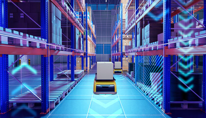 Warehouse with robots. Futuristic storehouse. Robots transport parcels near racks. Warehouse future. Innovations in logistics sector. AGV machines for logistics. Futuristic fulfillment. 3d image