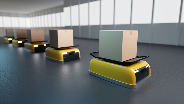 Automated guided vehicles. Fulfillment robots. Autonomous mobile robot. Warehouse automation. Sorting robots. AGV with card boxes. Several AMR are traveling inside hangar. Warehouse robots. 3d image