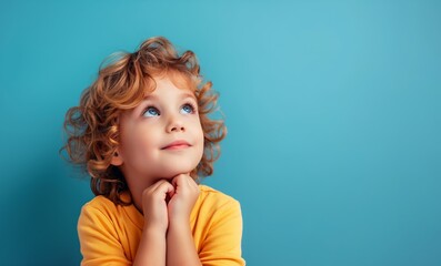 Cute little child girl looking at vibrant blue background copy space, education, learning, creative thinking, idea concept