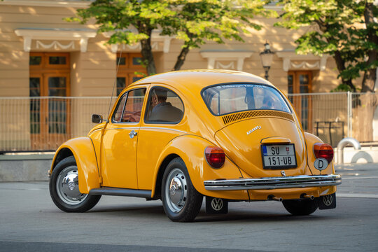Back side view of an classic car from 1974 Volkswagen 1200J Buba - VW beetle, assemled in Sarajevo, Jugoslavia (Yugoslavia) present Bosnia And Herzegovina. 29.06.2024 Subotica, Serbia