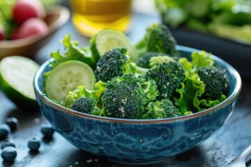 A bowl of broccoli and cucumber salad on a table