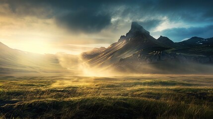 A dramatic and ethereal landscape captures an expansive, foggy field of grass with rolling hills and a majestic, rugged mountain range in the background. The scene is illuminated with golden sunlight 
