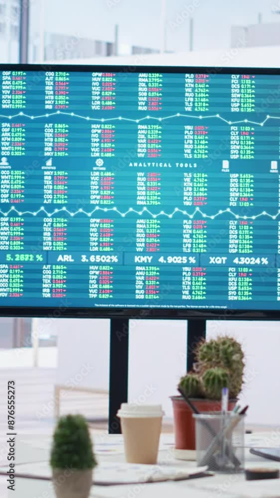Poster vertical video big screen in financial department office shows stock exchange indices changing in re