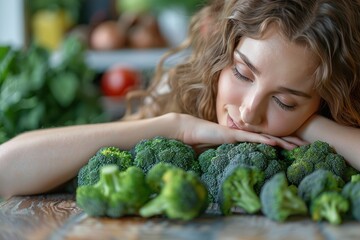 Obraz premium A woman is laying on a table with a bunch of broccoli in front of her. She is looking at the broccoli and she is in a relaxed state