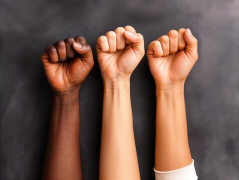 Fotografia inspiradora captura o poder da uni&atilde;o e da diversidade, mostrando tr&ecirc;s m&atilde;os erguidas juntas - uma branca, uma parda e uma negra