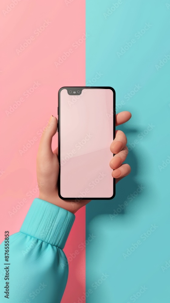 Poster 3d vector hand holding mobile phone isolated on purple background, hand using smartphone with empty 