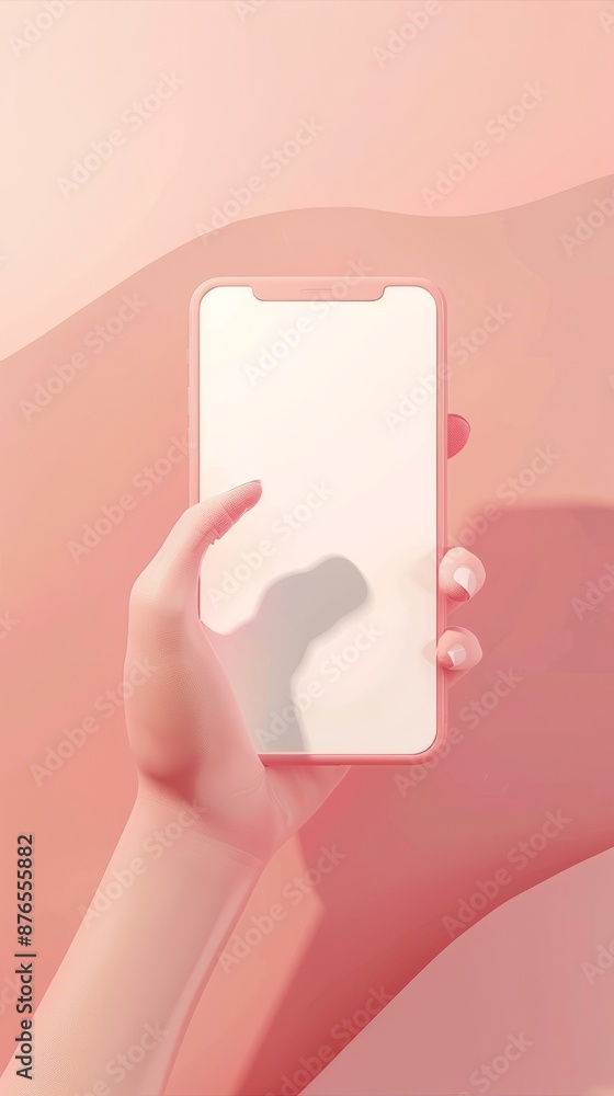 Poster 3d vector hand holding mobile phone isolated on purple background, hand using smartphone with empty 