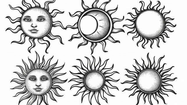 A collection of sun designs in black and white, each featuring unique abstract and artistic patterns. Perfect for tattoo ideas, decor, or artistic inspiration.