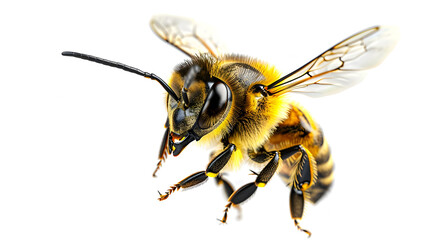 Stunning macro photography capturing the intricate details of a honey bee in flight against a transparent background