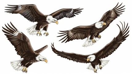 A collection of four eagles illustrated in flight, showcasing them from different angles. The detailed images highlight the birds' powerful wingspans and majestic presence.