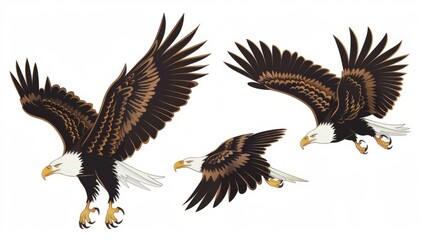 Obraz premium Three vibrant and detailed colored illustrations of eagles depicting two birds soaring and one descending, capturing their elegant and powerful nature in vivid hues.