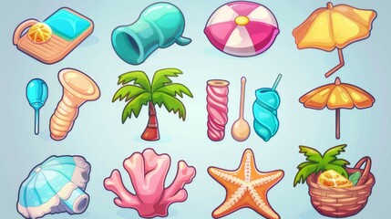 An assorted collection of summer-themed items, including beach accessories, palm trees, and sea creatures, ideal for vacation and leisure activities along the seaside.