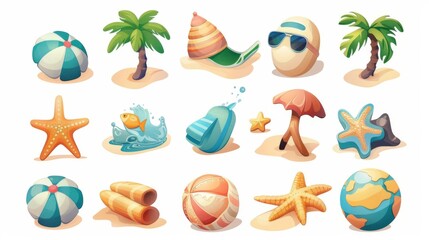 Vibrant illustration featuring various beach objects like ball, starfish, and sea creatures arranged in a fun, playful manner, capturing the essence of beachside enjoyment.