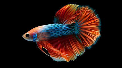 Vibrant Siamese Fighting Fish Betta Splendens Isolated on Black Background  Colorful Tropical Aquarium Pet with Flowing Fins and Scales in Vivid Hues