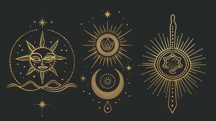 Gold-themed mystical illustration featuring celestial symbols, sun, and moon designs, bringing a sense of enchantment and mysticism for decorative and artistic use.