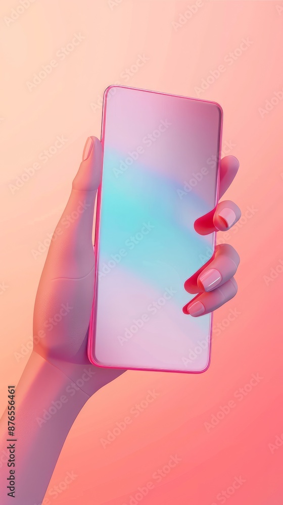 Poster 3d vector hand holding mobile phone isolated on purple background, hand using smartphone with empty 