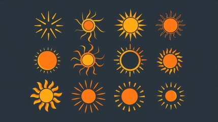 A set of twelve unique and colorful sun icons, each with distinct rays and patterns, presented on a dark gray background in an abstract and artistic style.