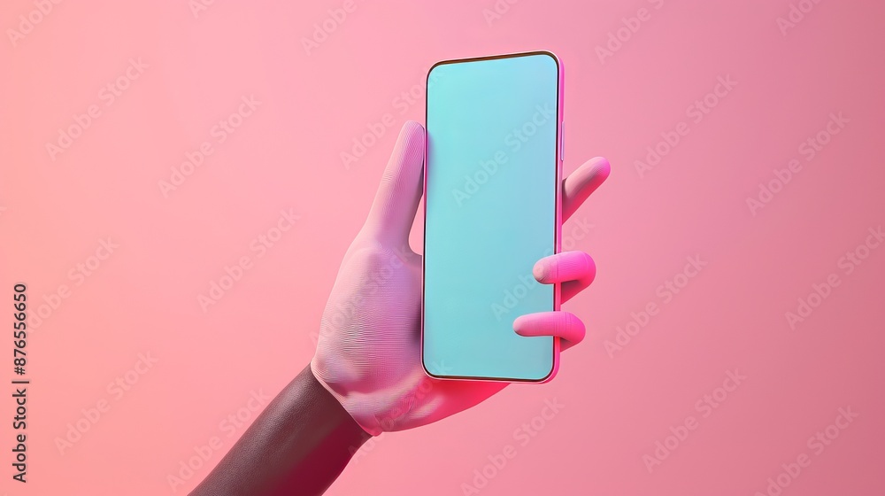 Poster 3d vector hand holding mobile phone isolated on purple background, hand using smartphone with empty 