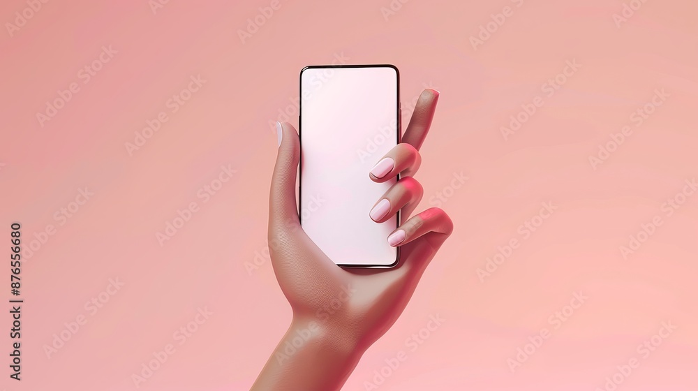 Poster 3d vector hand holding mobile phone isolated on purple background, hand using smartphone with empty 