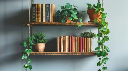 Two wooden hanging shelves are stocked with a collection of books and a variety of green potted plants, adding a touch of nature to the room, bathed in shade.