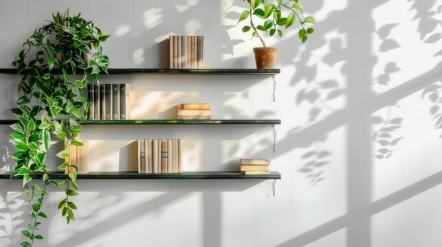 Elegant and minimalist black shelves with books and plants, creating striking shadows on the wall in a modern and sophisticated home interior setup with artistic flair.