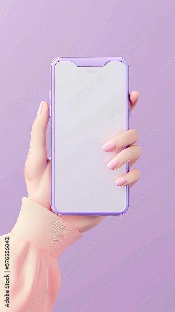 Poster 3d vector hand holding mobile phone isolated on purple background, hand using smartphone with empty 