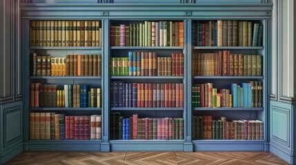 A beautifully designed home library featuring three sections of well-organized, color-coded bookshelves with a variety of books, adding a touch of elegance and intellect to the space.