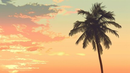 This beautiful image captures a tall palm tree silhouetted against the vibrant hues of a tropical sunset, reflecting the serene beauty of nature and tropical landscapes.