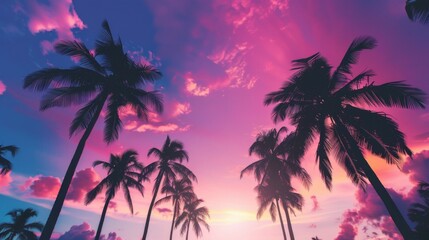 This image presents a breathtaking purple and pink sunset with silhouetted palm trees, capturing the essence of a tropical paradise's colorful and magical evenings.