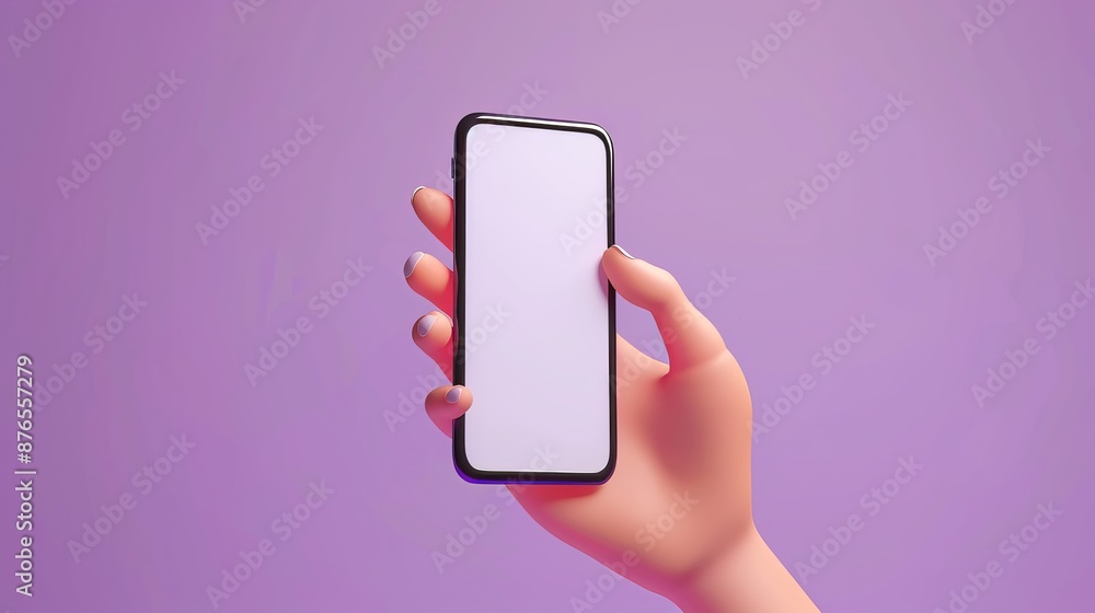 Poster 3d vector hand holding mobile phone isolated on purple background, hand using smartphone with empty 