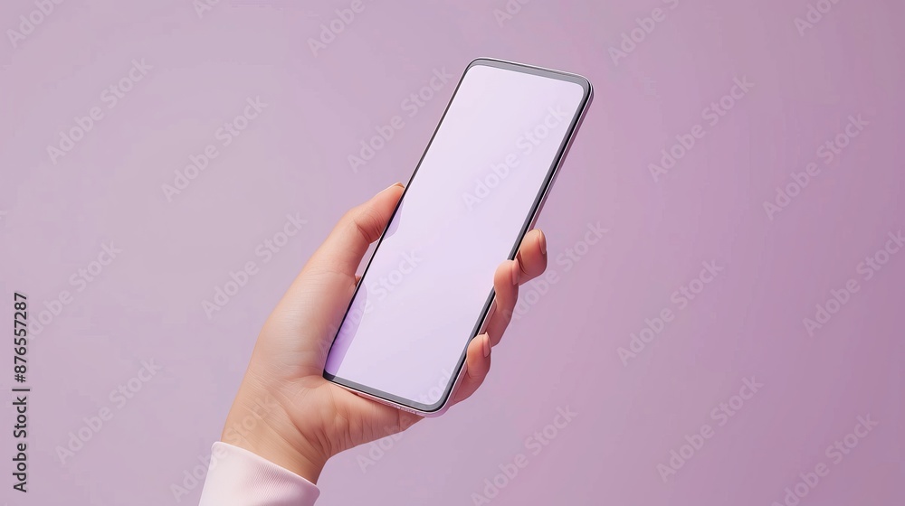 Poster 3d vector hand holding mobile phone isolated on purple background, hand using smartphone with empty 