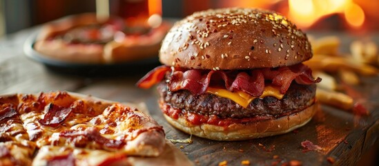 Delicious Cheeseburger with Bacon and Pizza