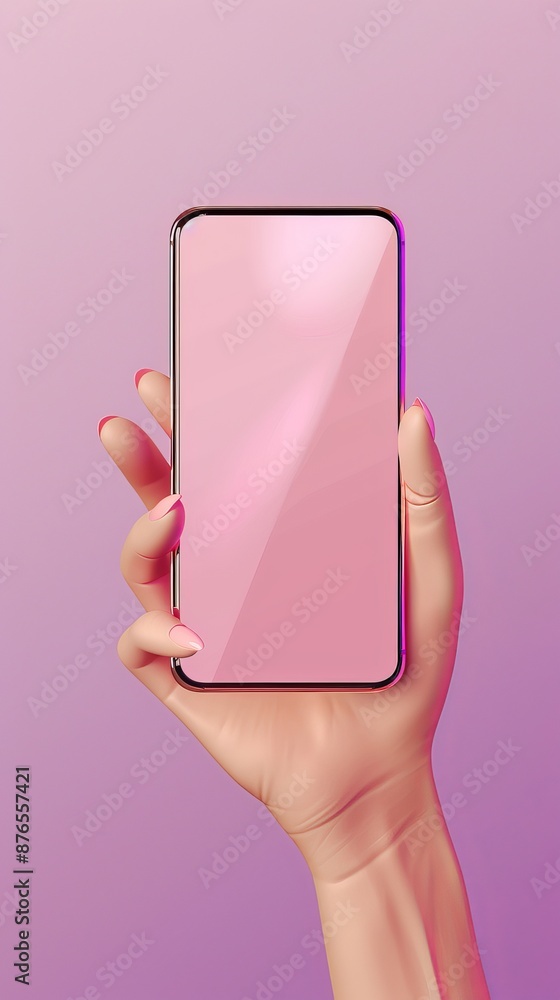 Poster 3d vector hand holding mobile phone isolated on purple background, hand using smartphone with empty 