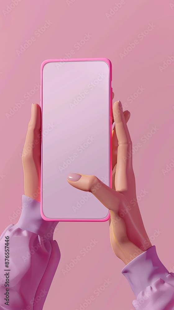 Poster 3d vector hand holding mobile phone isolated on purple background, hand using smartphone with empty 