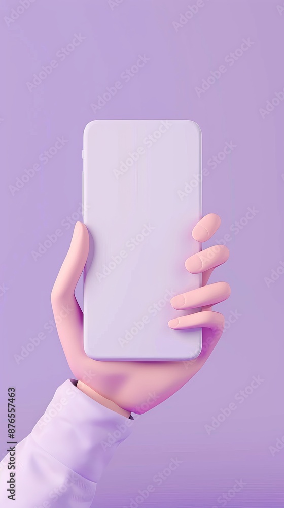 Poster 3d vector hand holding mobile phone isolated on purple background, hand using smartphone with empty 
