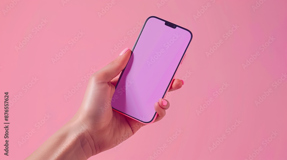 Poster 3d vector hand holding mobile phone isolated on purple background, hand using smartphone with empty 