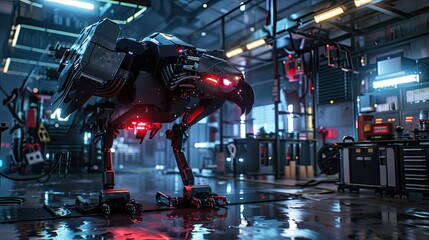 Mechanical Bird in a Futuristic Workshop