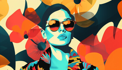 Fashionable woman with sunglasses, floral background, vibrant colors, pop art style, confident expression, modern artistic design.