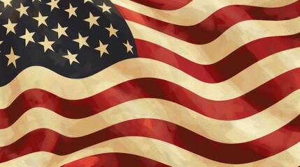 Fototapeta premium An illustration of the American flag with a vintage look, featuring faded red stripes and white stars on a blue background, evoking a sense of history and nostalgia.
