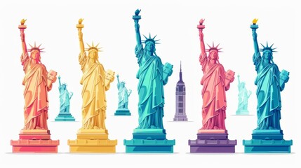 A unique artistic representation of five Statues of Liberty in various vibrant colors, each capturing a distinct tone, set against iconic New York City skyscrapers in a pattern.
