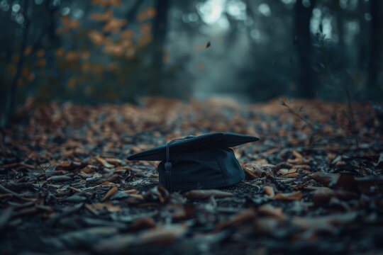 Forsaken academic cap on the ground, gloomy atmosphere, soft twilight, low angle shot