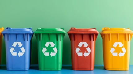 Recycling symbols and bins filled with sorted materials promoting recycling programs as a crucial part of reducing waste and conserving natural resources. Background Illustration, Bright color tones,