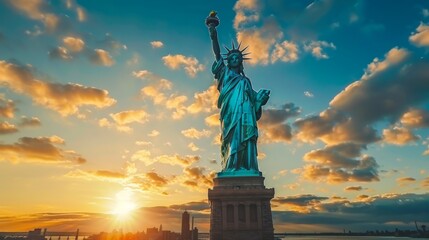 Fototapeta premium An upward perspective of the Statue of Liberty as the sun sets, illuminating the sky with vivid colors and highlighting the iconic symbol of freedom standing firm against the vibrant clouds.