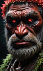 Close-up of a Man with Red Eyes and a Flower Crown.