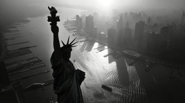 An aerial view of the Statue of Liberty against the backdrop of New York City, highlighting the iconic monument and the bustling metropolis beneath a hazy sun.