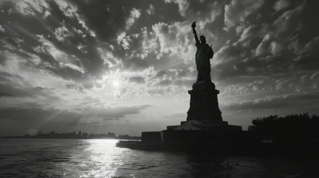 The Statue of Liberty captured during sunset with dramatic clouds in the sky, emphasizing the monument’s significance and the serene waters surrounding it.