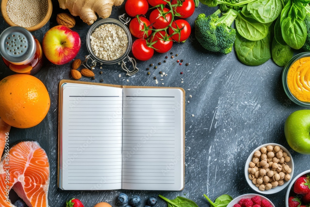 Fototapete a table with a notebook open and a variety of fruits and vegetables on it. the notebook is empty and