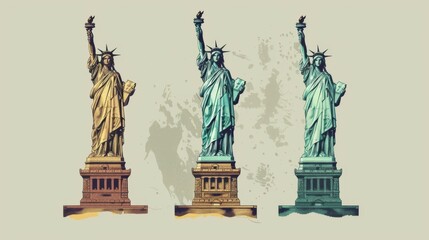 Three vintage-style illustrations of the Statue of Liberty in varied hues, capturing the monument's historic significance and representation of freedom, as well as artistic diversity.